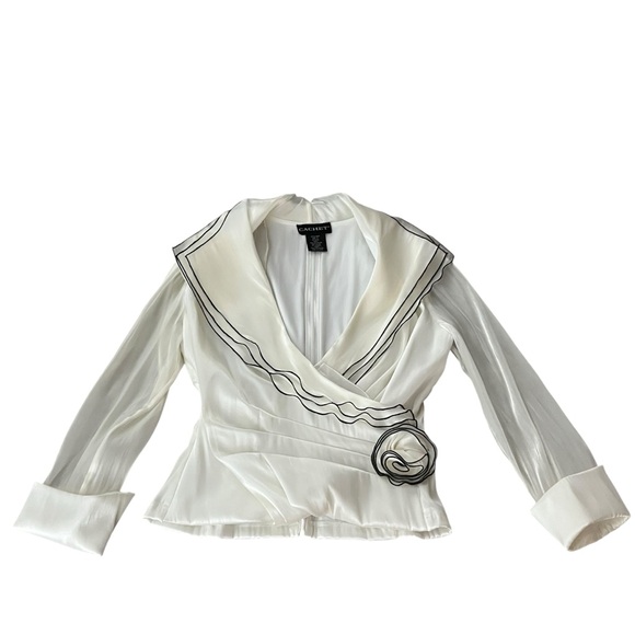 Rare 90s Cachet Shimmery White Faux Wrap Wide Lapel Sheer Sleeve Blouse - Picture 10 of 14